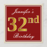 [ Thumbnail: Elegant, Red, Faux Gold 32nd Birthday; Custom Name Invitation ]