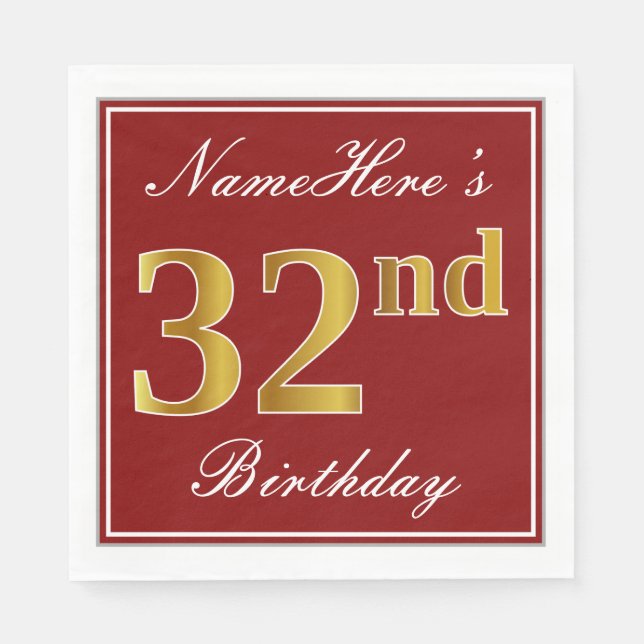 Elegant Red, Faux Gold 32nd Birthday + Custom Name Napkins (Front)