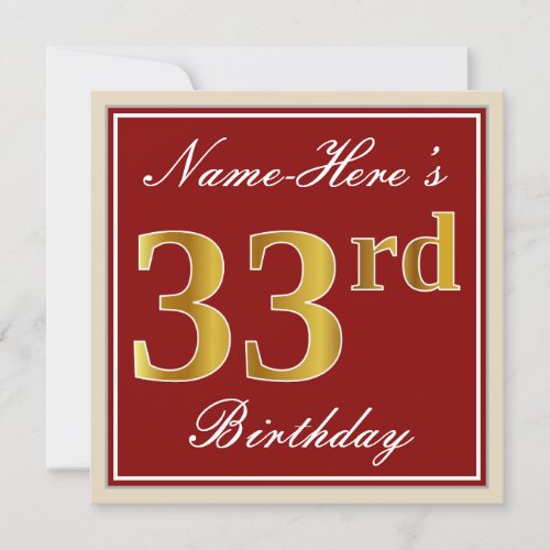 Elegant Red Faux Gold 33rd Birthday Custom Name Invitation