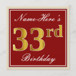 [ Thumbnail: Elegant, Red, Faux Gold 33rd Birthday; Custom Name Invitation ]