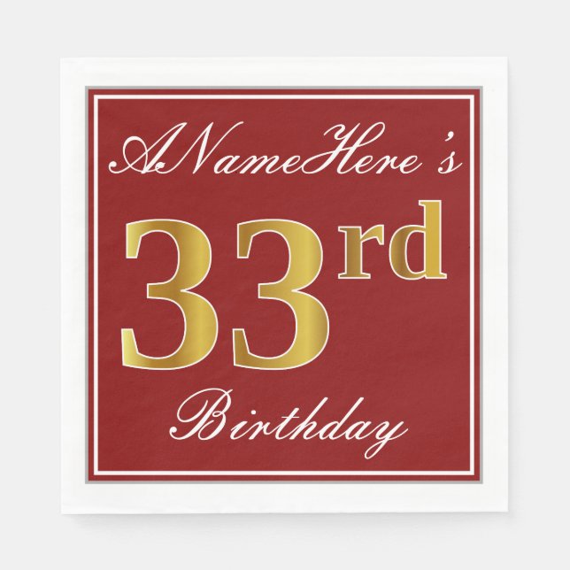 Elegant Red, Faux Gold 33rd Birthday + Custom Name Napkins (Front)