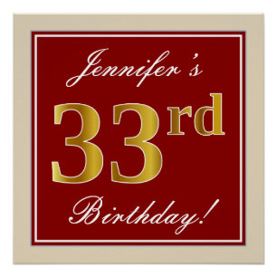 Elegant, Red, Faux Gold 33rd Birthday; Custom Name Poster