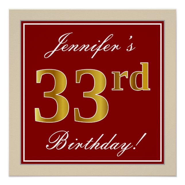 Elegant, Red, Faux Gold 33rd Birthday; Custom Name Poster (Front)