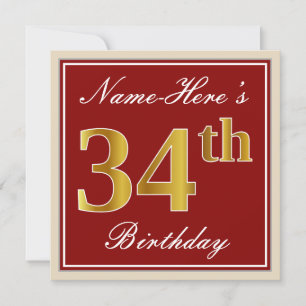 Elegant, Red, Faux Gold 34th Birthday; Custom Name Invitation