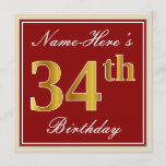 [ Thumbnail: Elegant, Red, Faux Gold 34th Birthday; Custom Name Invitation ]