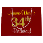 [ Thumbnail: Elegant, Red, Faux Gold 34th Birthday; Custom Name Gift Bag ]