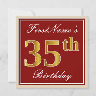 Elegant, Red, Faux Gold 35th Birthday; Custom Name Invitation