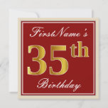[ Thumbnail: Elegant, Red, Faux Gold 35th Birthday; Custom Name Invitation ]