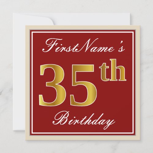 Elegant Red Faux Gold 35th Birthday Custom Name Invitation