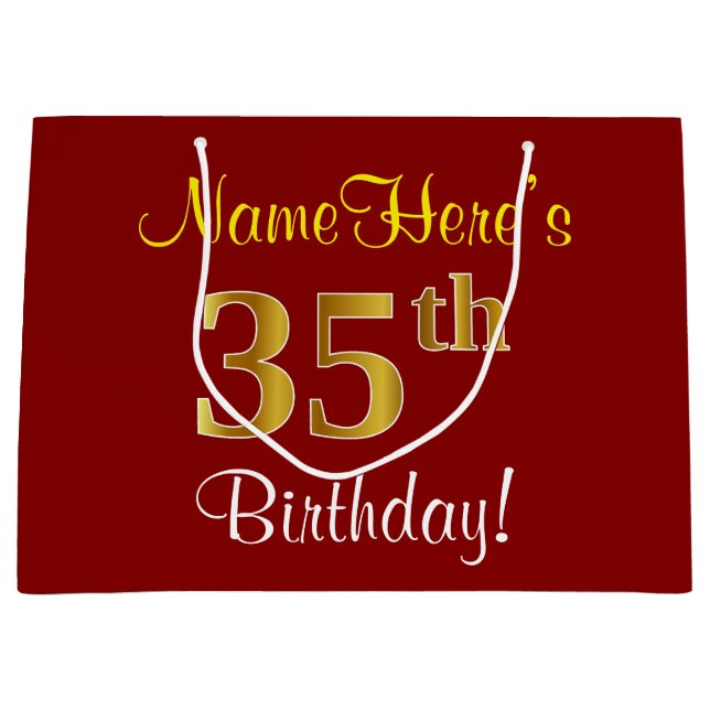 Elegant, Red, Faux Gold 35th Birthday; Custom Name Large Gift Bag (Front)