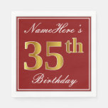 [ Thumbnail: Elegant Red, Faux Gold 35th Birthday + Custom Name Paper Napkin ]