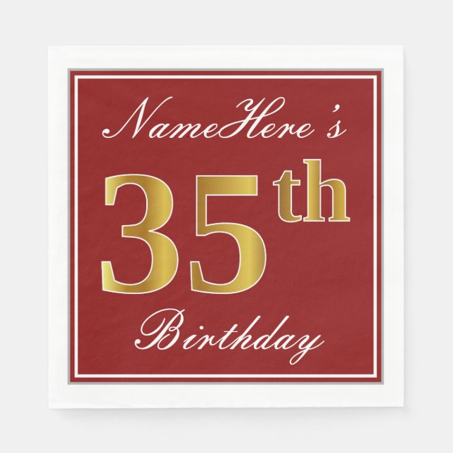 Elegant Red, Faux Gold 35th Birthday + Custom Name Paper Napkins (Front)