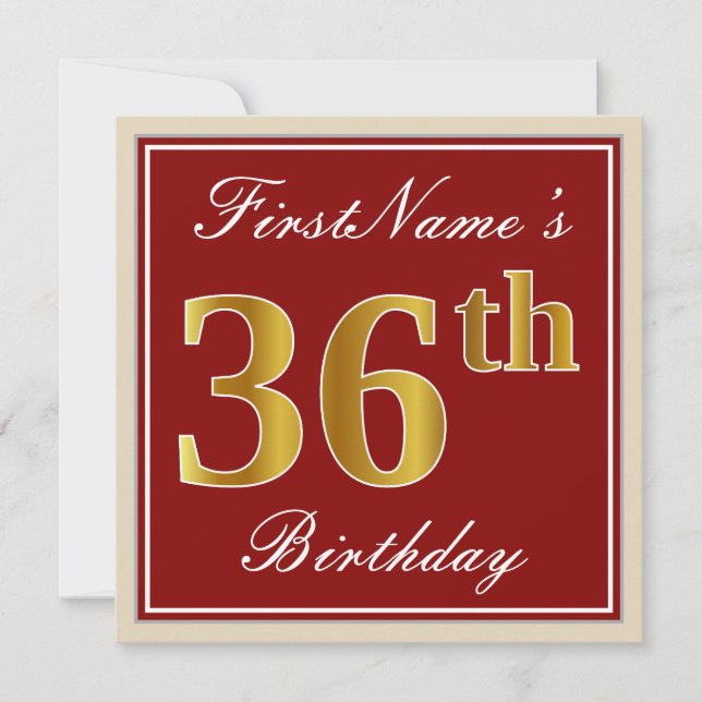 Elegant, Red, Faux Gold 36th Birthday; Custom Name Invitation (Front)