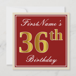Elegant, Red, Faux Gold 36th Birthday; Custom Name Invitation