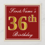 [ Thumbnail: Elegant, Red, Faux Gold 36th Birthday; Custom Name Invitation ]
