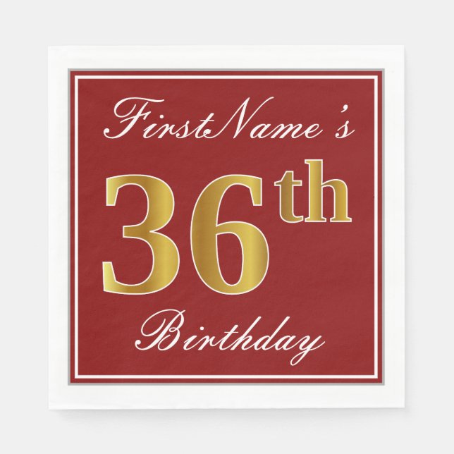 Elegant Red, Faux Gold 36th Birthday + Custom Name Napkins (Front)