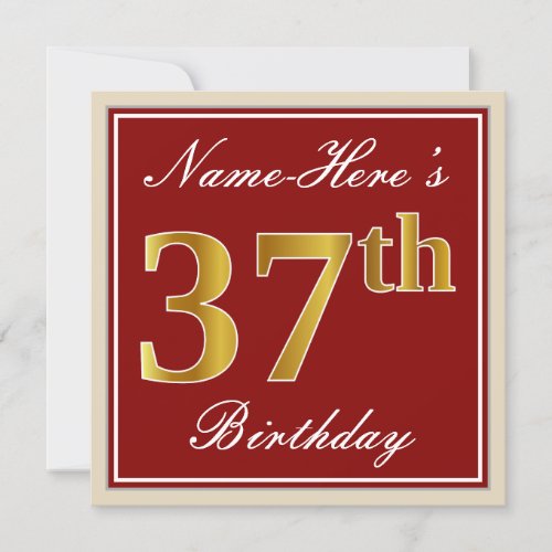 Elegant Red Faux Gold 37th Birthday Custom Name Invitation