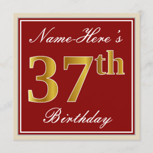 Elegant, Red, Faux Gold 37th Birthday; Custom Name Invitation