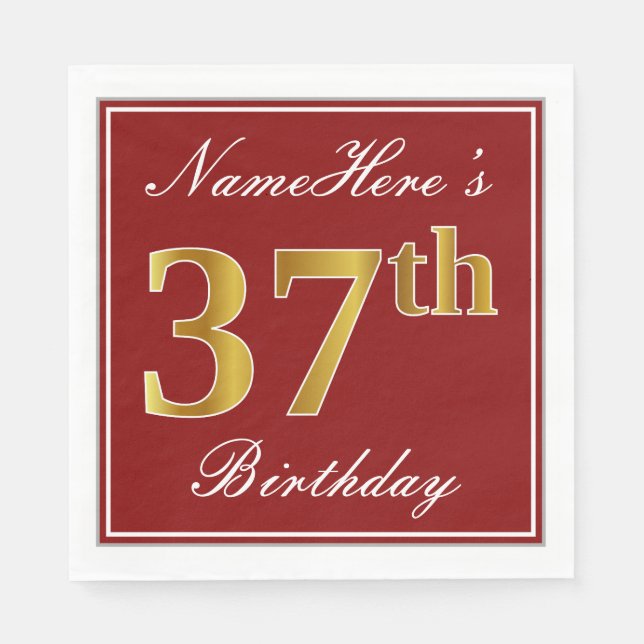 Elegant Red, Faux Gold 37th Birthday + Custom Name Napkins (Front)