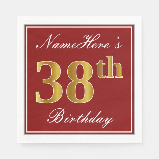 Elegant Red, Faux Gold 38th Birthday + Custom Name Napkins (Front)