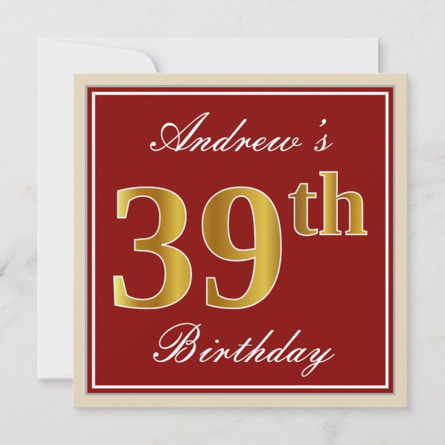 Elegant, Red, Faux Gold 39th Birthday; Custom Name Invitation (Front)
