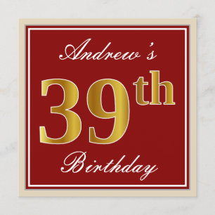 Elegant, Red, Faux Gold 39th Birthday; Custom Name Invitation