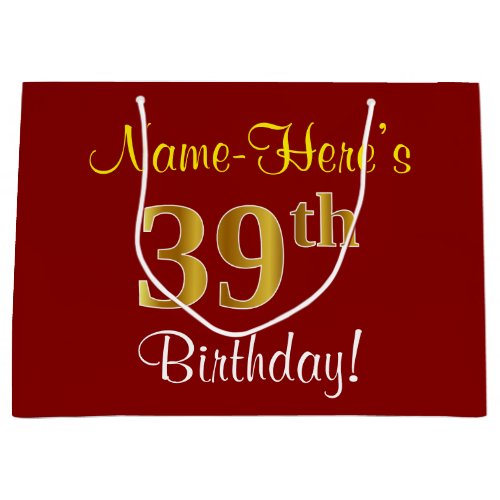 Elegant Red Faux Gold 39th Birthday Custom Name Large Gift Bag