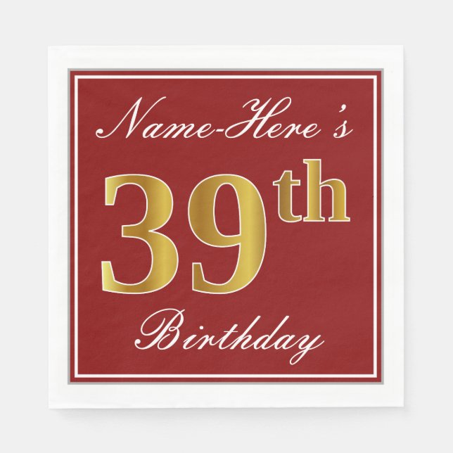 Elegant Red, Faux Gold 39th Birthday + Custom Name Napkins (Front)