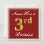 [ Thumbnail: Elegant, Red, Faux Gold 3rd Birthday + Custom Name Invitation ]