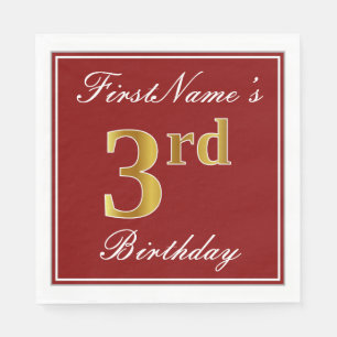 Elegant Red, Faux Gold 3rd Birthday + Custom Name Napkins