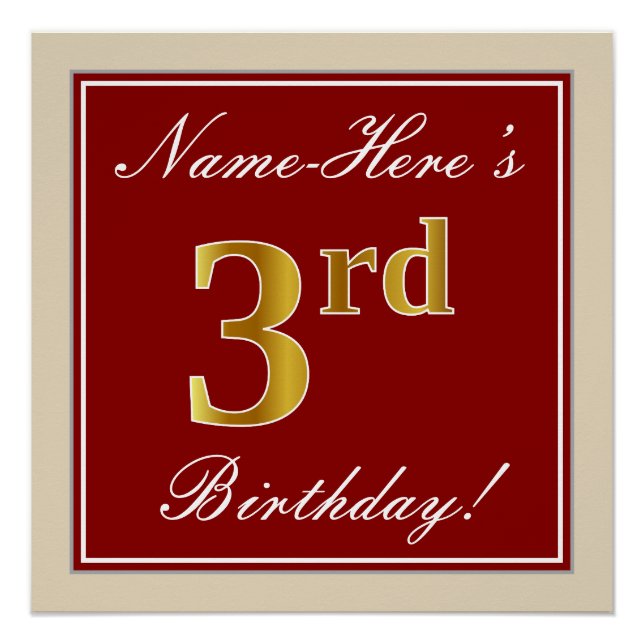 Elegant, Red, Faux Gold 3rd Birthday + Custom Name Poster (Front)