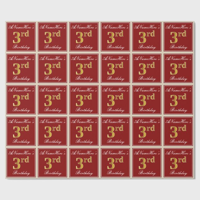 Elegant, Red, Faux Gold 3rd Birthday + Custom Name Wrapping Paper (Flat)