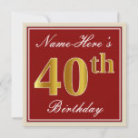 [ Thumbnail: Elegant, Red, Faux Gold 40th Birthday; Custom Name Invitation ]