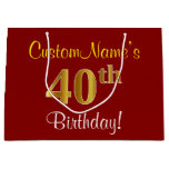 [ Thumbnail: Elegant, Red, Faux Gold 40th Birthday; Custom Name Gift Bag ]