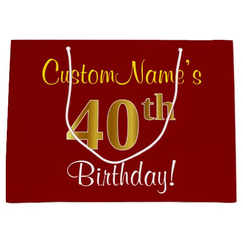 Elegant Red Faux Gold 40th Birthday Custom Name Large Gift Bag