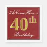 [ Thumbnail: Elegant Red, Faux Gold 40th Birthday + Custom Name Paper Napkin ]