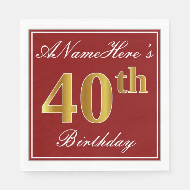 Elegant Red, Faux Gold 40th Birthday + Custom Name Paper Napkins (Front)