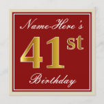 [ Thumbnail: Elegant, Red, Faux Gold 41st Birthday; Custom Name Invitation ]
