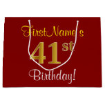 [ Thumbnail: Elegant, Red, Faux Gold 41st Birthday; Custom Name Gift Bag ]