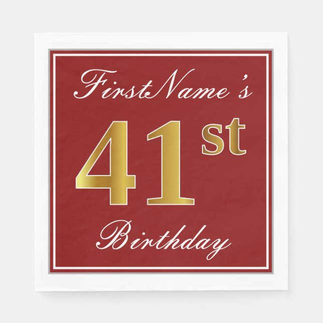 Elegant Red, Faux Gold 41st Birthday + Custom Name Napkins (Front)