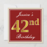 [ Thumbnail: Elegant, Red, Faux Gold 42nd Birthday; Custom Name Invitation ]