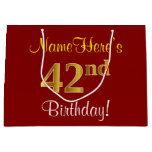 [ Thumbnail: Elegant, Red, Faux Gold 42nd Birthday; Custom Name Gift Bag ]