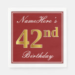 [ Thumbnail: Elegant Red, Faux Gold 42nd Birthday + Custom Name Napkins ]