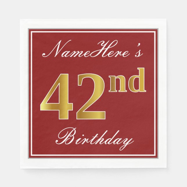 Elegant Red, Faux Gold 42nd Birthday + Custom Name Napkins (Front)