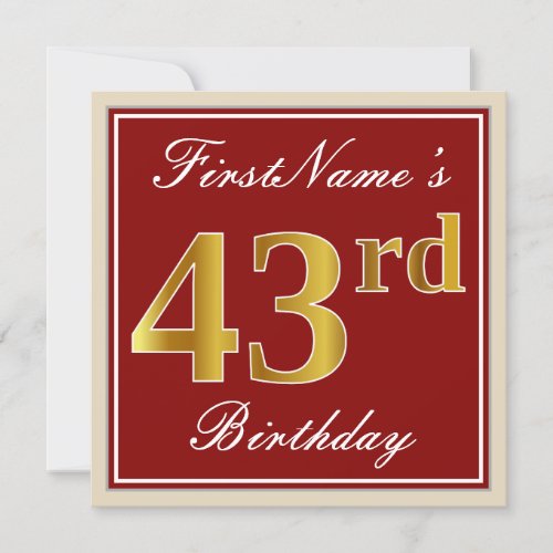 Elegant Red Faux Gold 43rd Birthday Custom Name Invitation