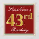 [ Thumbnail: Elegant, Red, Faux Gold 43rd Birthday; Custom Name Invitation ]