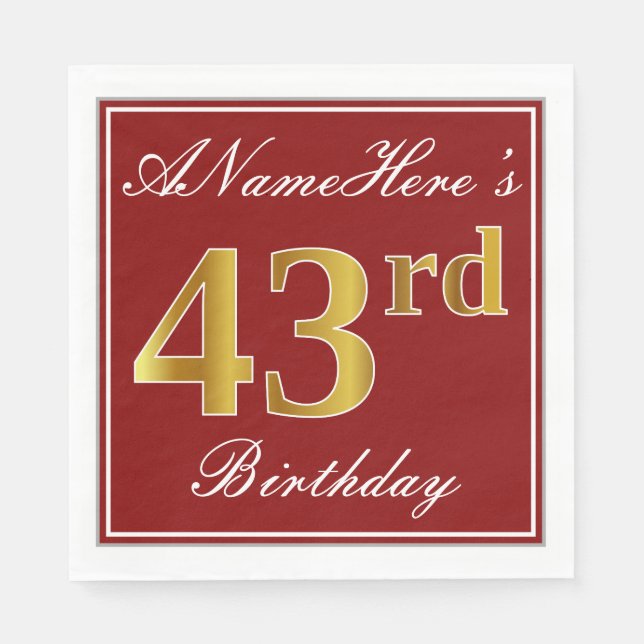 Elegant Red, Faux Gold 43rd Birthday + Custom Name Napkins (Front)