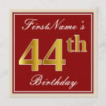 [ Thumbnail: Elegant, Red, Faux Gold 44th Birthday; Custom Name Invitation ]