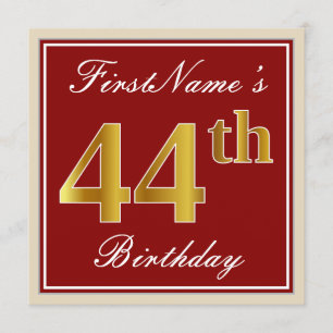 Elegant, Red, Faux Gold 44th Birthday; Custom Name Invitation