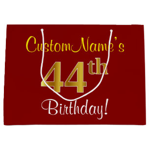 Elegant, Red, Faux Gold 44th Birthday; Custom Name Large Gift Bag